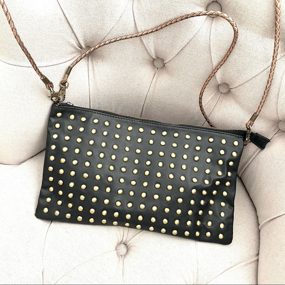🖤 New black faux leather gold stud clutch shoulder crossbody bag